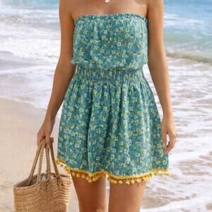Natural Life Strapless Boho Mini Dress Women's L/XL Teal Floral Elastic Waist